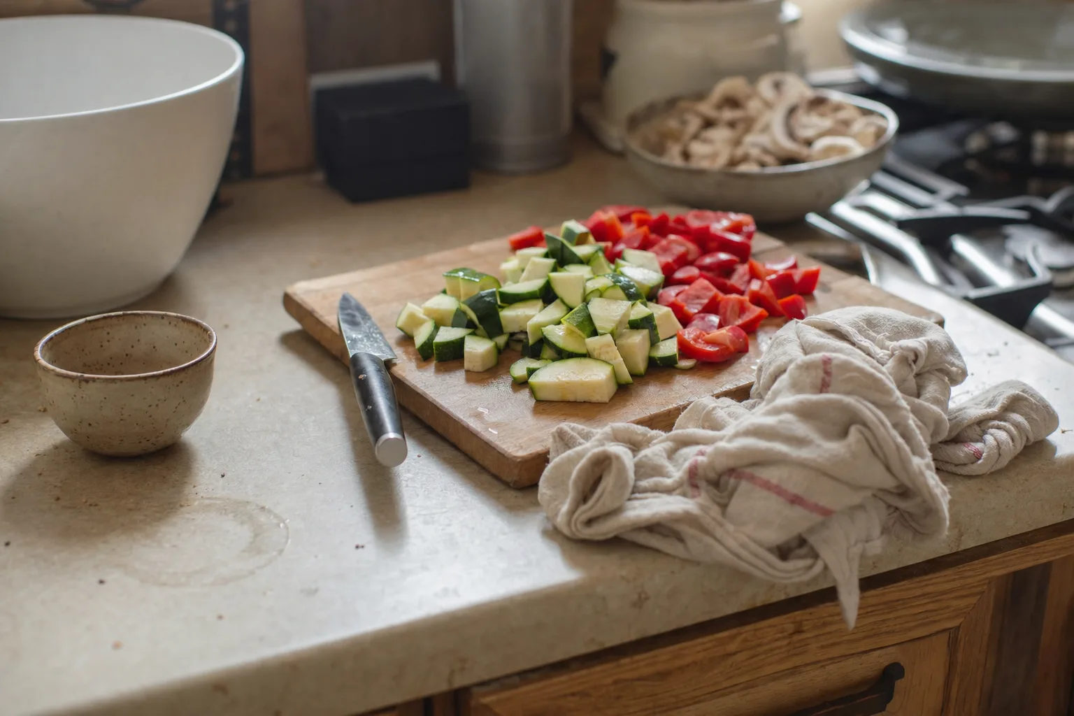A kitchen counter mid-prep with chopped vegetables on a board and a bunched dish towel