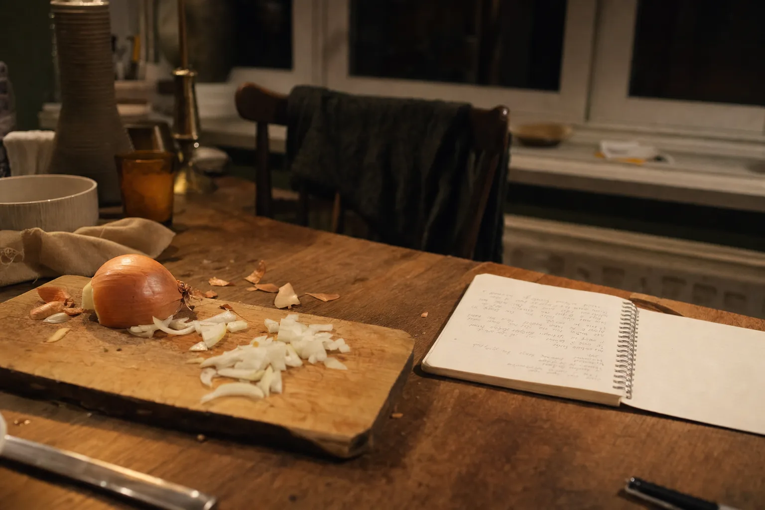A half-chopped onion abandoned on a board at night beside a notebook of scribbled notes