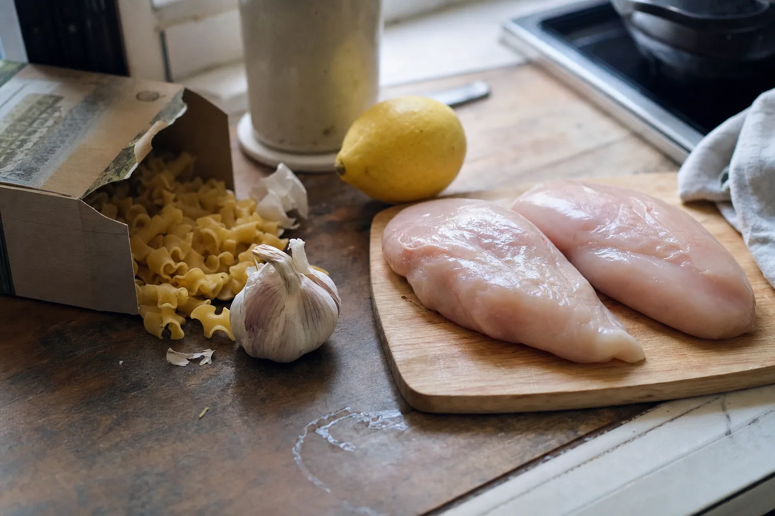 Raw chicken breasts on a board beside a box of dried pasta, a head of garlic and a lemon on a worn counter