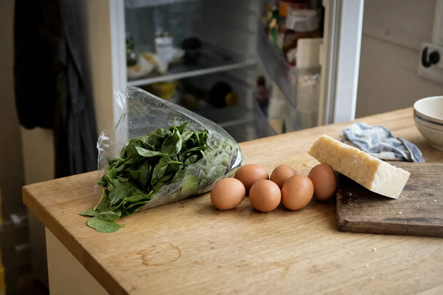 A limp half bag of spinach, six eggs and a wedge of parmesan on a counter in front of an open fridge