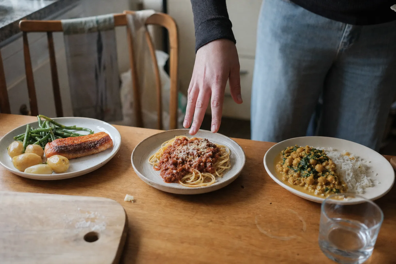 Three small plates of three different dinners on a wooden table with a hand hovering above the middle one