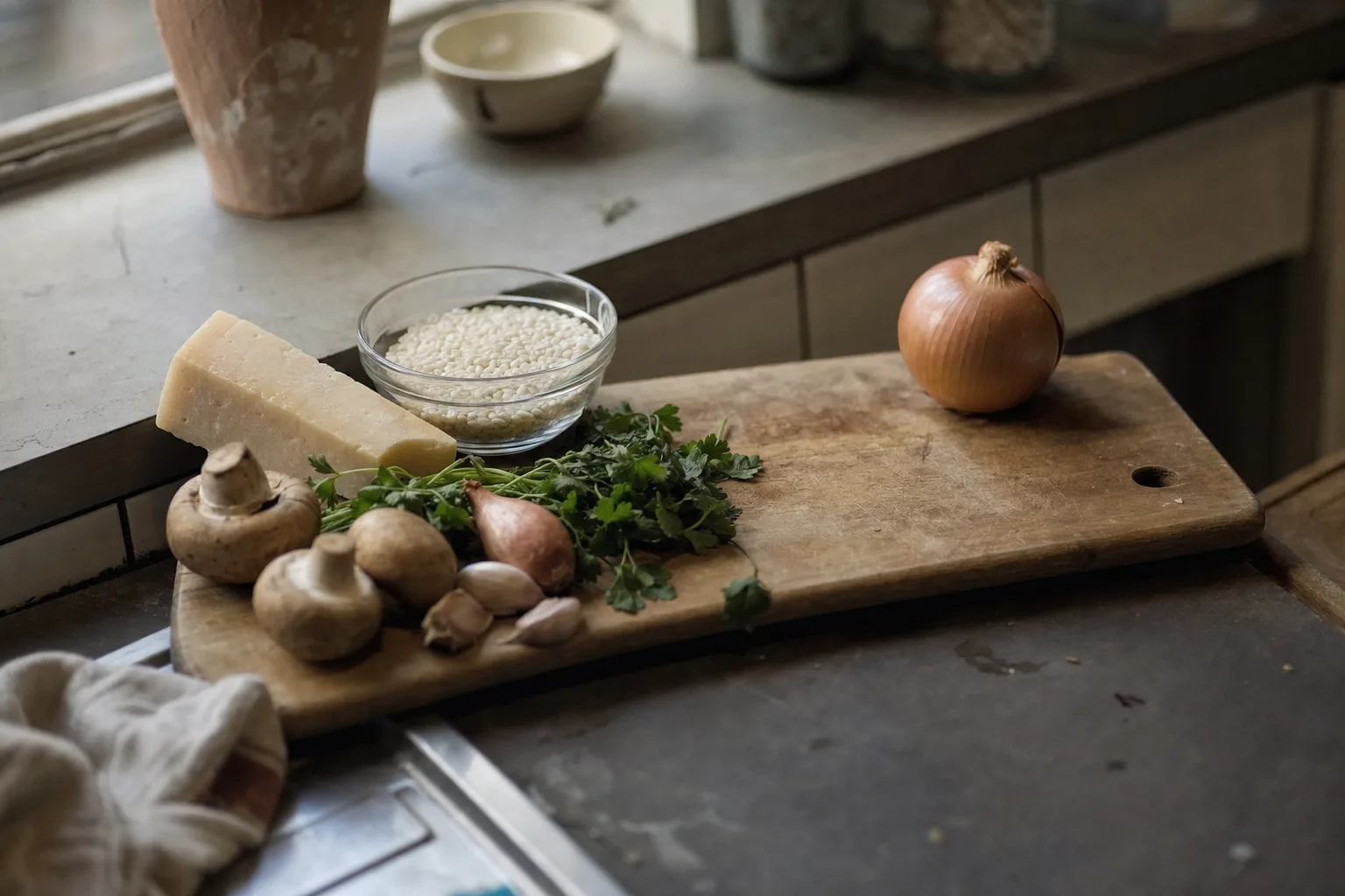 A whole raw onion pushed to the far corner of a cutting board, away from all the other ingredients