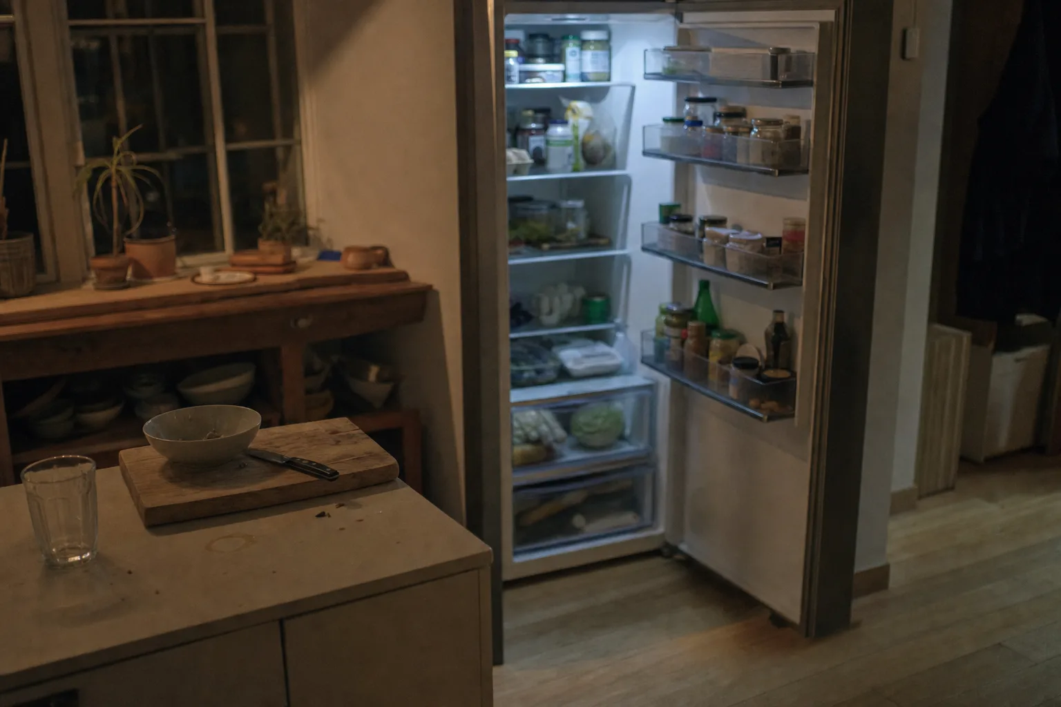 An open refrigerator lighting a dark kitchen at dusk, shelves full but nothing decided
