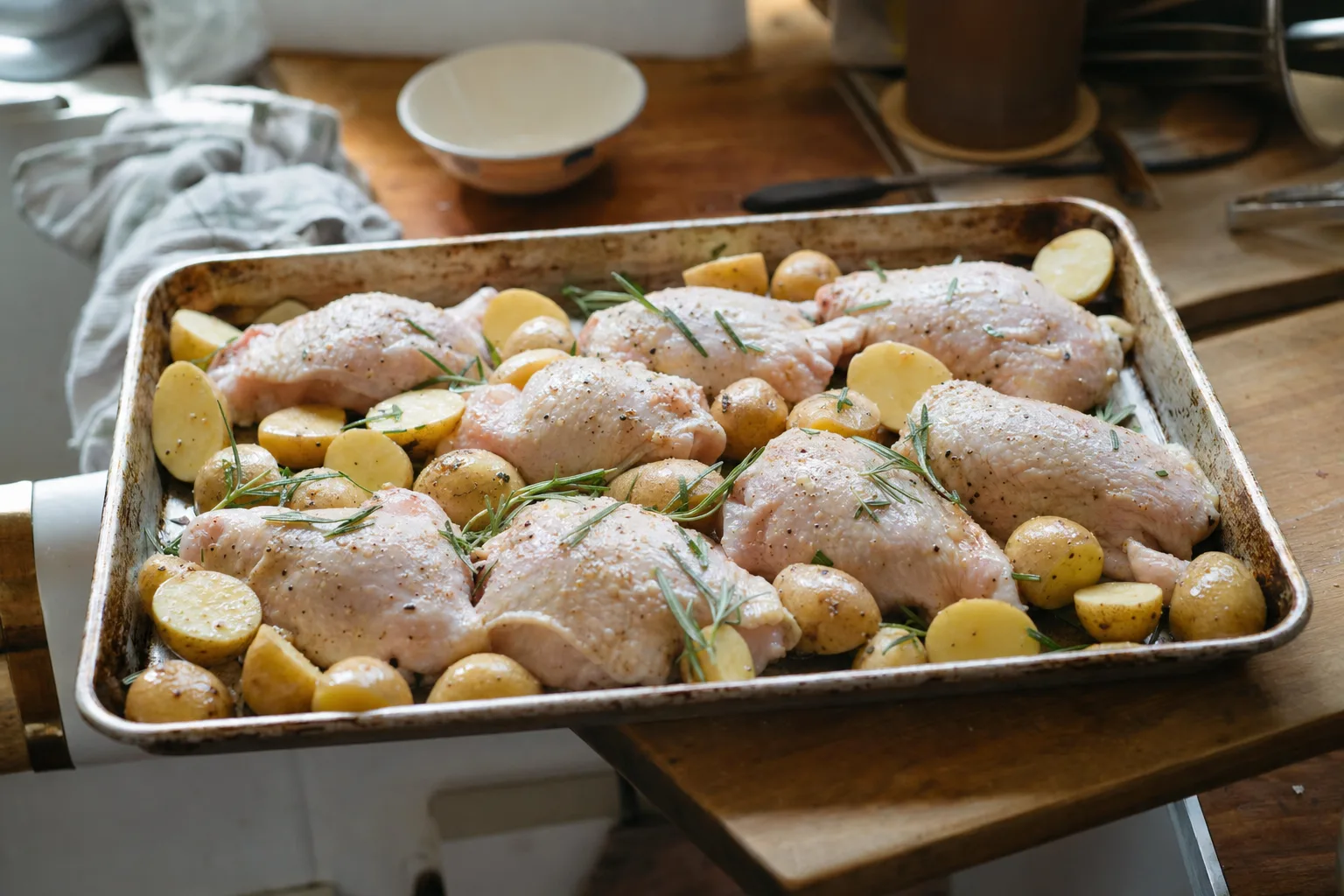 Raw chicken thighs and halved baby potatoes in a battered sheet pan with rosemary, before roasting