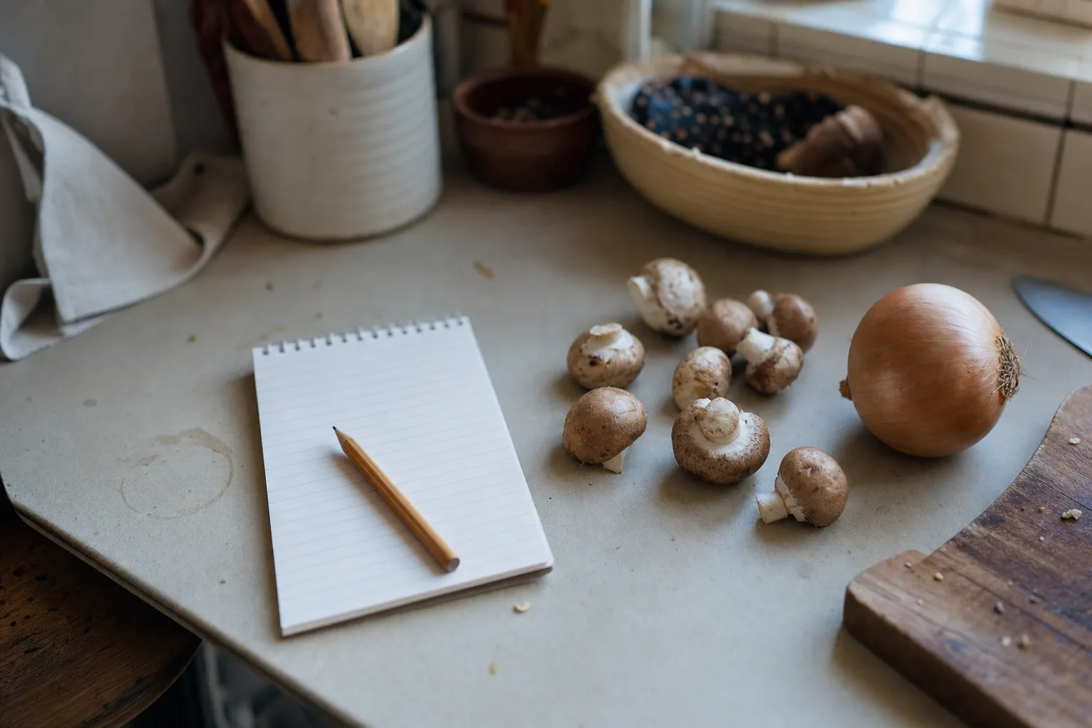 A small notepad on a kitchen counter beside raw mushrooms and a whole onion, pencil resting on the pad
