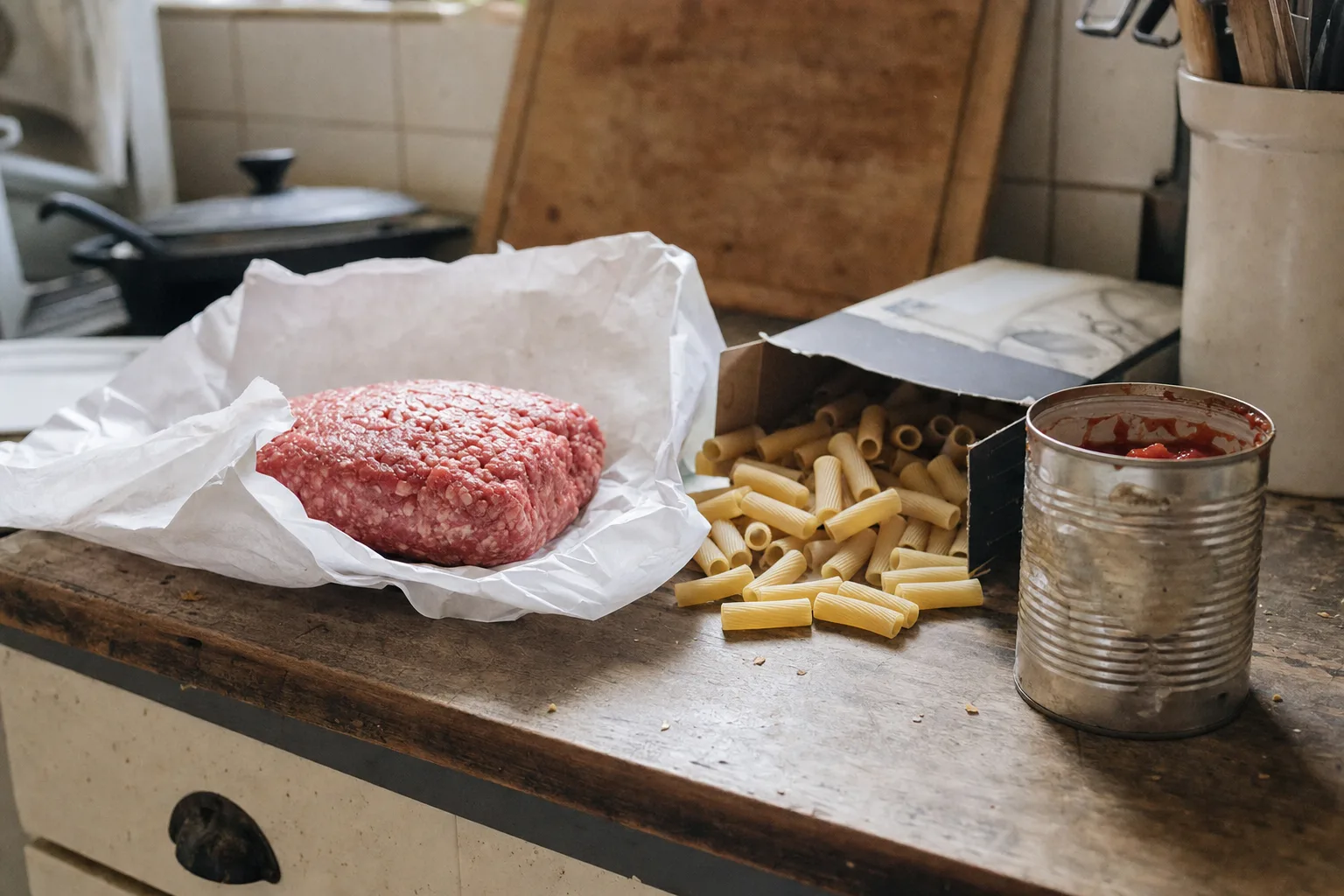 Ground beef in butcher paper, dried pasta spilling from a box and a tin of tomatoes on a worn counter