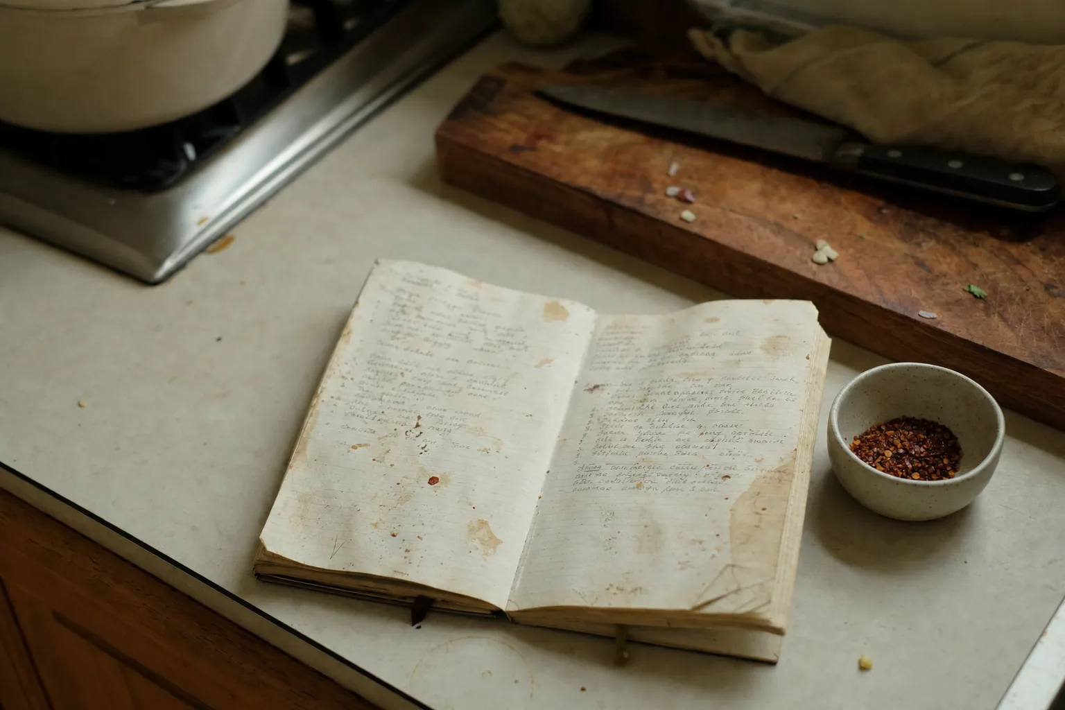An open handwritten recipe notebook beside knives and chili flakes on a kitchen counter