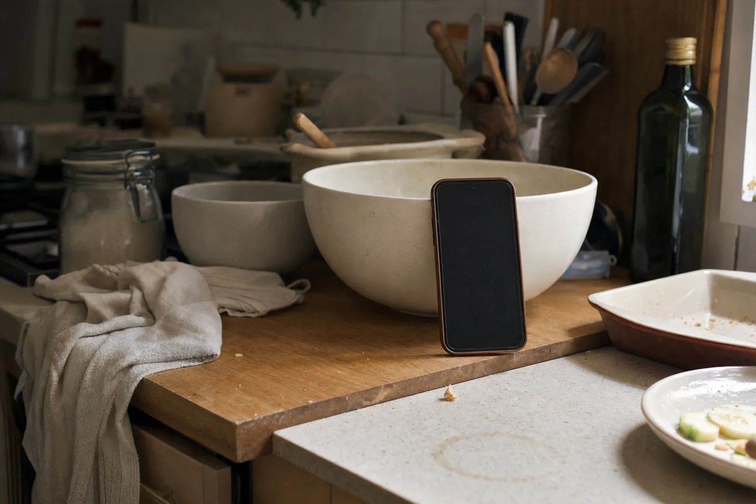 A cluttered kitchen counter mid-cook with a phone propped upright against a mixing bowl