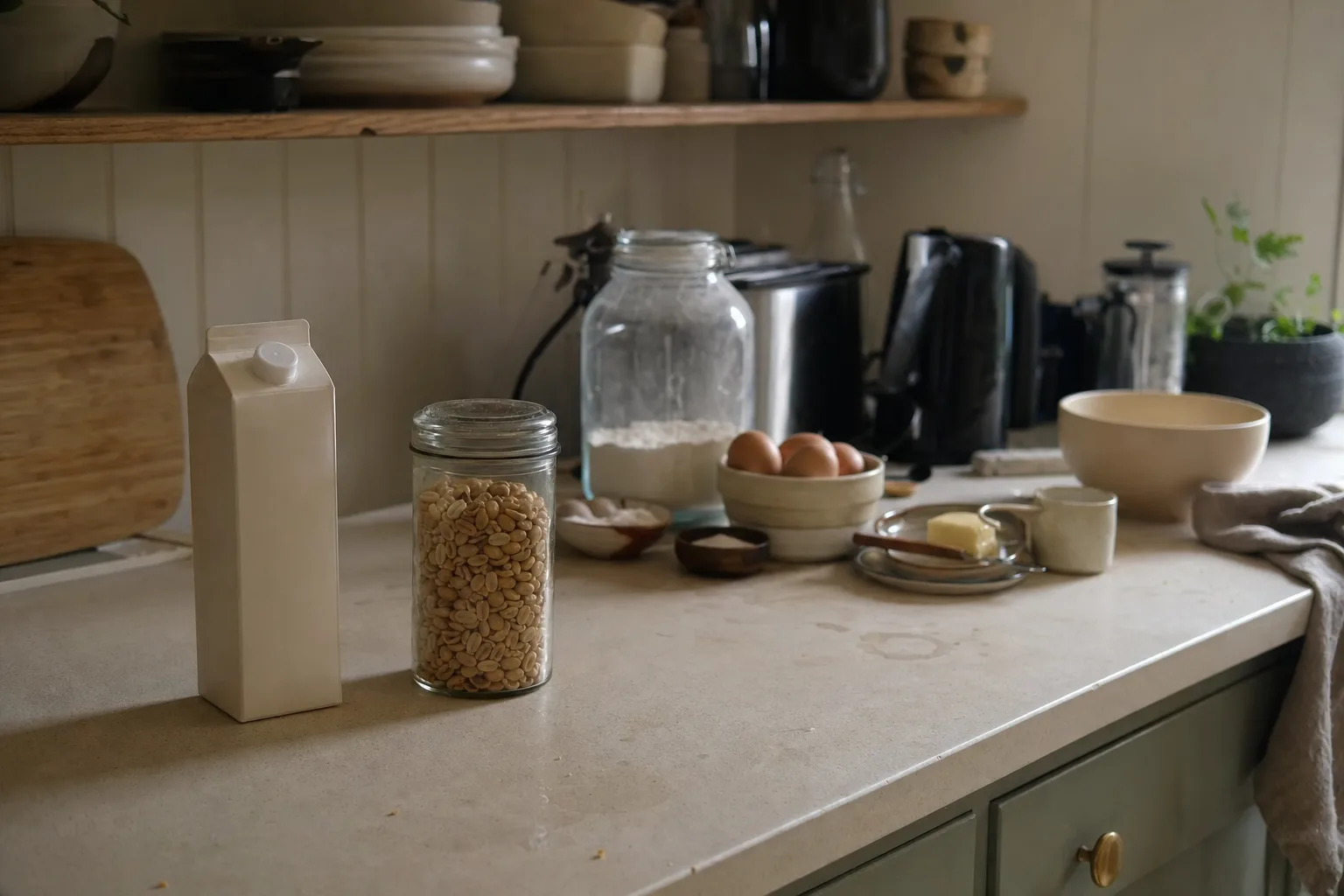 A jar of peanuts and a carton of milk set apart on a counter, the other ingredients grouped at the far end