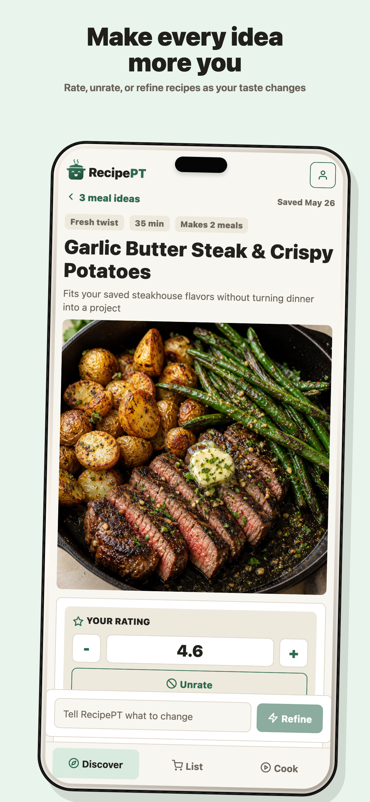 RecipePT recipe detail screen with list and save actions