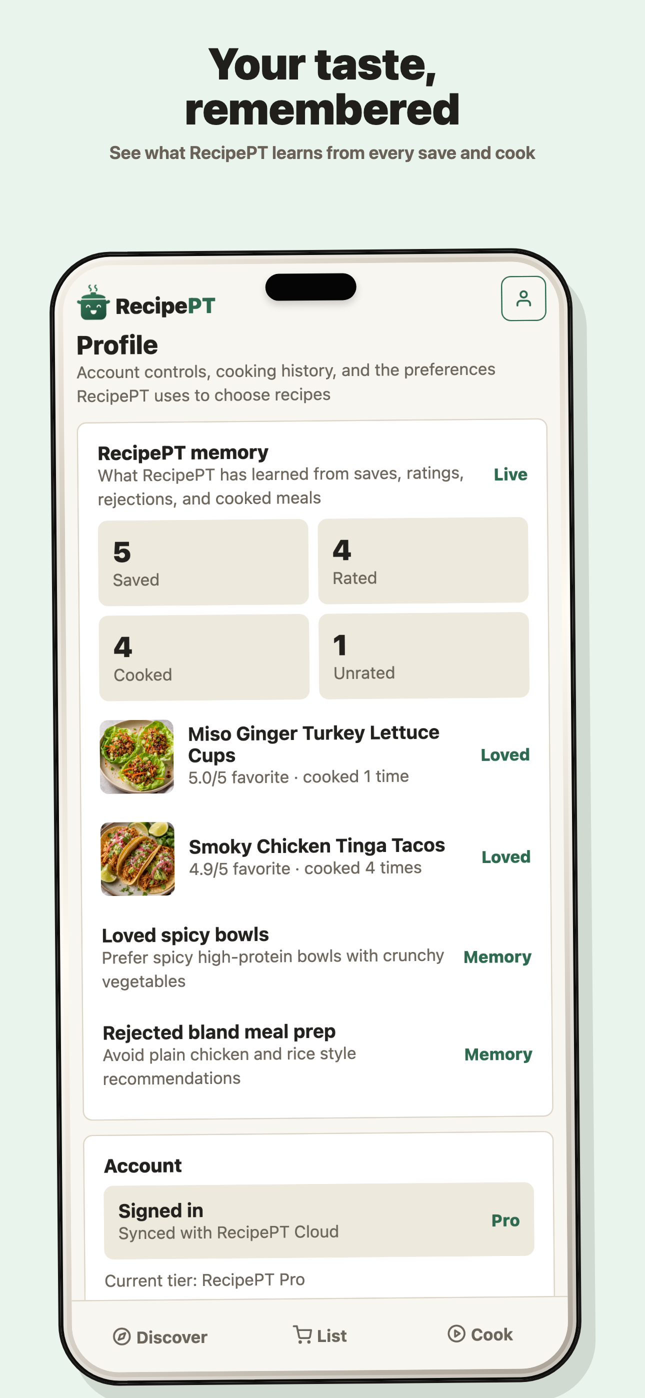RecipePT memory and profile screen