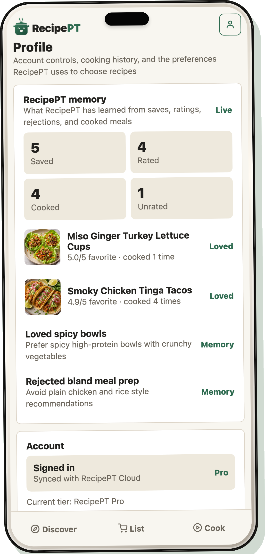 RecipePT memory on an iPhone, showing saved, rated, and cooked recipe signals