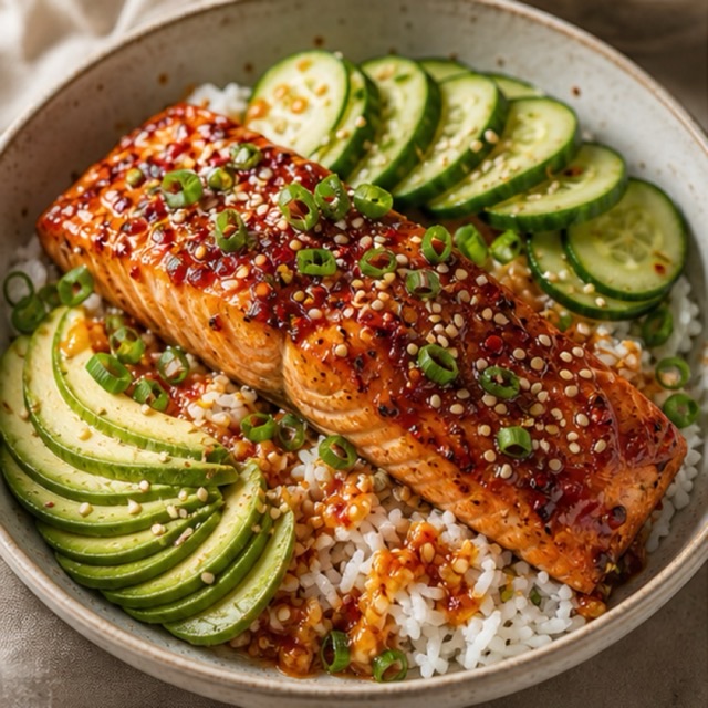 A hot honey salmon bowl in a social media post